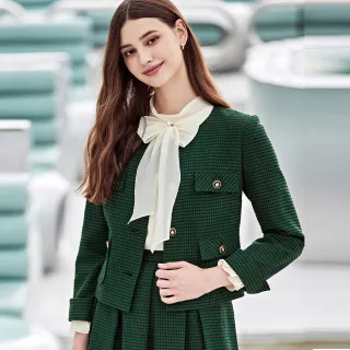 【ILEY 伊蕾】時髦色塊拼接毛呢格紋短版夾克外套1214074020(磚) 歷史價格詳細信息