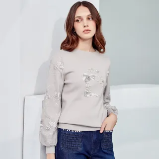 【ILEY 伊蕾】氣質釘珠香水印花拼接蕾絲袖針織上衣(灰色；M-XL；1224075050) 價格比較,價格查詢,歷史價格詳細信息