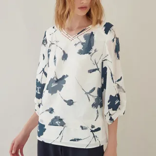 【ILEY 伊蕾】典雅條紋拼接雪紡絲光棉上衣(深藍色；M-2L；1222181202) 歷史價格詳細信息