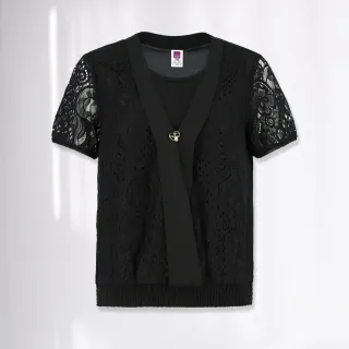 【ILEY 伊蕾】氣質釘珠香水印花拼接蕾絲袖針織上衣(灰色；M-XL；1224075050) 歷史價格詳細信息