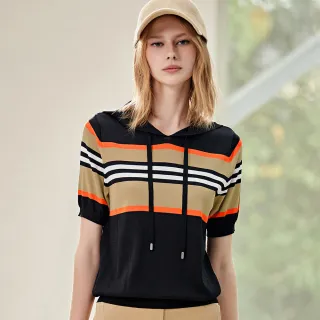 【ILEY 伊蕾】典雅條紋拼接雪紡絲光棉上衣(深藍色；M-2L；1222181202) 歷史價格詳細信息