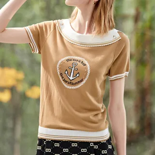 【ILEY 伊蕾】氣質釘珠香水印花拼接蕾絲袖針織上衣(灰色；M-XL；1224075050) 歷史價格詳細信息