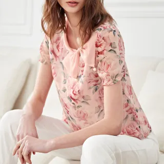 【ILEY 伊蕾】優雅荷葉綁帶手繪風玫瑰印花雪紡上衣(淺綠色；M-2L；1232181423) 歷史價格詳細信息