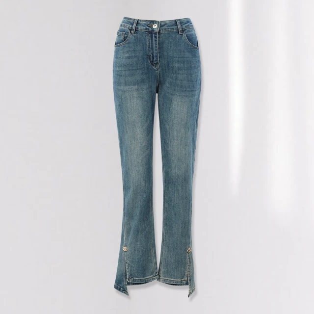 【ILEY 伊蕾】開衩拼接蕾絲微彈喇叭牛仔褲(淺藍色；M-XL；1242268608) 歷史價格詳細信息