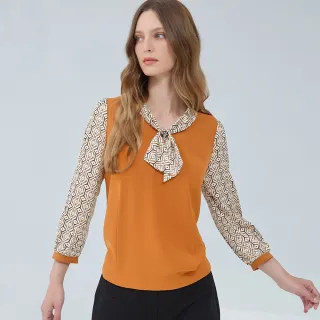 【ILEY 伊蕾】印花拼接造型領棉質長袖上衣(深藍；L-2L；1244011606) 歷史價格詳細信息