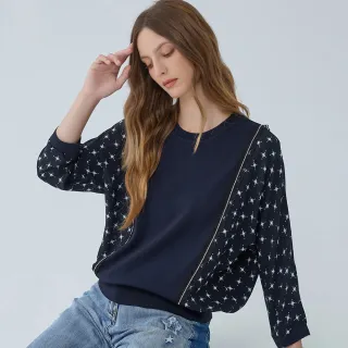 【ILEY 伊蕾】印花拼接造型領棉質長袖上衣(深藍；L-2L；1244011606) 歷史價格詳細信息