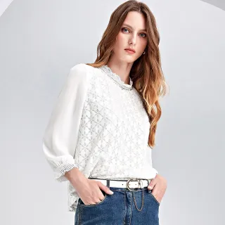 【ILEY 伊蕾】拼接雪紡POLO領針織上衣(深藍色；M-2L；1241405009) 歷史價格詳細信息