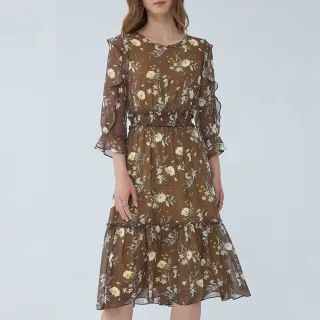 【ILEY 伊蕾】雙色印花荷葉雪紡長洋裝(深咖色；M-XL；1233087422) 價格比較,價格查詢,歷史價格詳細信息