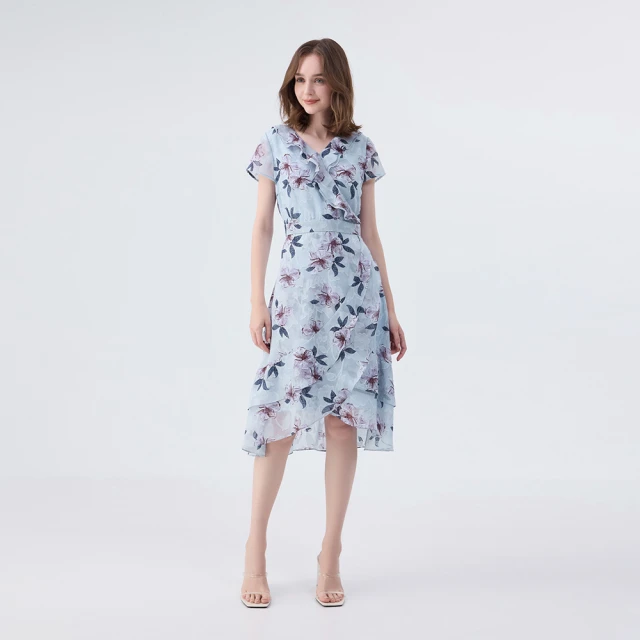 【ILEY 伊蕾】花卉荷葉雪紡洋裝(深藍色；M-XL；1233067414) 歷史價格詳細信息