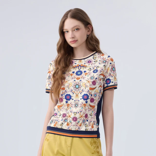 【ILEY 伊蕾】印花拼接造型領棉質長袖上衣(深藍；L-2L；1244011606) 歷史價格詳細信息