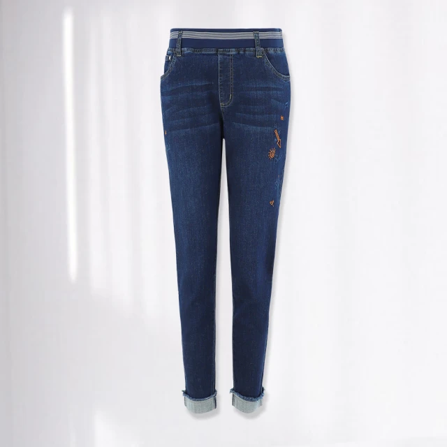 【ILEY 伊蕾】刺繡圖輕牛仔抽鬚反摺直筒褲(藍色；M-2L；1242338619) 價格比較,價格查詢,歷史價格詳細信息