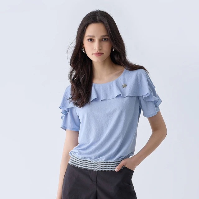 【ILEY 伊蕾】葉片水彩燒花細壓摺領口雪紡上衣1213281405(深藍) 歷史價格詳細信息