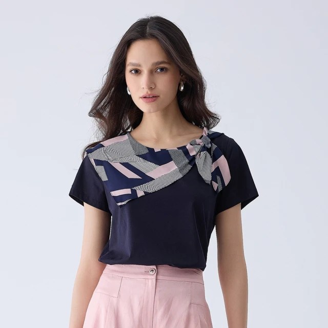 【ILEY 伊蕾】領巾印花絲巾七分袖上衣(杏色；M-XL；1233021442) 歷史價格詳細信息