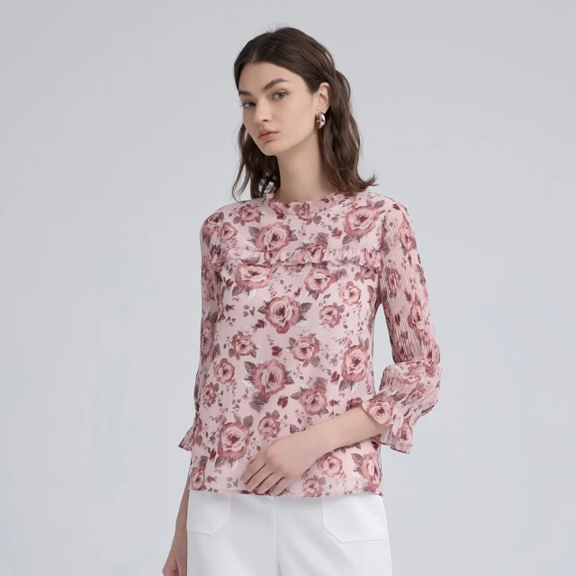 【ILEY 伊蕾】玫瑰花卉壓摺荷葉邊雪紡上衣(淺粉；M-2L；1243071408) 歷史價格詳細信息