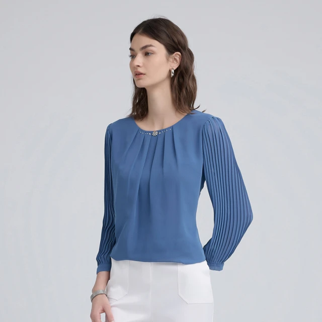 【ILEY 伊蕾】壓摺絲巾印花假兩件雪紡上衣(深藍色；L-XL；1233061403) 歷史價格詳細信息