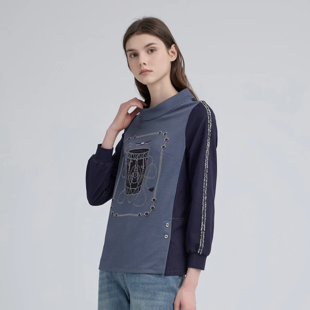 【ILEY 伊蕾】印花拼接造型領棉質長袖上衣(深藍；L-2L；1244011606) 價格比較,價格查詢,歷史價格詳細信息