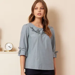 【ILEY 伊蕾】刺繡圖輕牛仔抽鬚反摺直筒褲(藍色；M-2L；1242338619) 歷史價格詳細信息