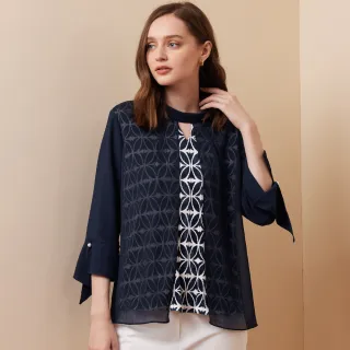 【ILEY 伊蕾】印花拼接造型領棉質長袖上衣(深藍；L-2L；1244011606) 歷史價格詳細信息