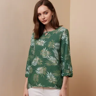 【ILEY 伊蕾】熱帶葉片印花舒適棉麻七分袖上衣1213281416(綠) 歷史價格詳細信息
