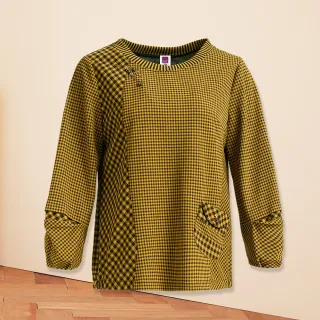 【ILEY 伊蕾】彈性格紋拼接燈籠袖型小口袋上衣1213211002(芥黃) 歷史價格詳細信息
