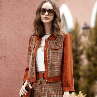 【ILEY 伊蕾】時髦色塊拼接毛呢格紋短版夾克外套1214074020(磚) 價格比較,價格查詢,歷史價格詳細信息