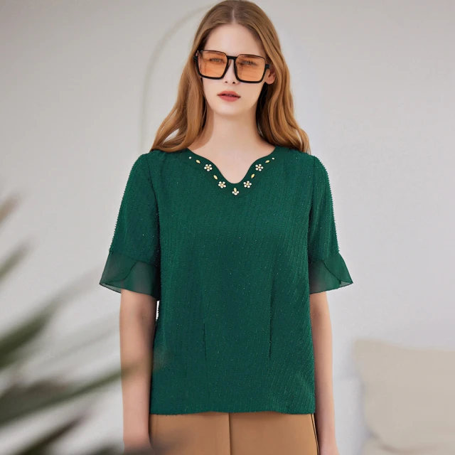 【ILEY 伊蕾】織蔥條紋印花萊賽爾混棉七分袖襯衫1221441501(紅) 歷史價格詳細信息