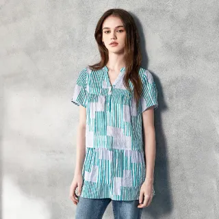 蜜雪兒MySHEROS-純棉小V領格紋拼接菱格紋半排扣上衣-綠-1310-31660-60 歷史價格詳細信息