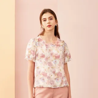 蜜雪兒MySHEROS-圓領袖口綁帶微立體花瓣印花雪紡上衣-黃-1210-31674-50 歷史價格詳細信息