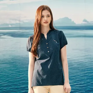 蜜雪兒MySHEROS-純棉小V領格紋拼接菱格紋半排扣上衣-綠-1310-31660-60 歷史價格詳細信息