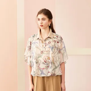 蜜雪兒MySHEROS-圓領印花袖子開洞休閒上衣-藍-1210-21657-70 歷史價格詳細信息