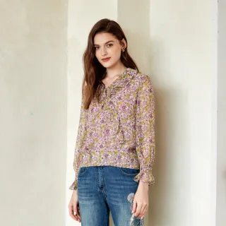 蜜雪兒MySHEROS-圓領袖口綁帶微立體花瓣印花雪紡上衣-黃-1210-31674-50 歷史價格詳細信息