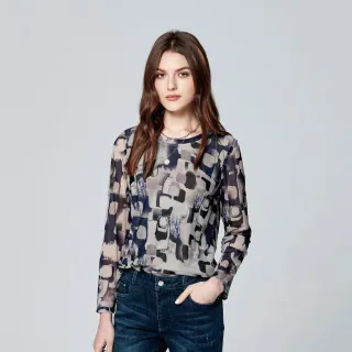 蜜雪兒MySHEROS-立領印花微透膚雙層荷葉袖雪紡上衣-黑-1310-11663-20 歷史價格詳細信息