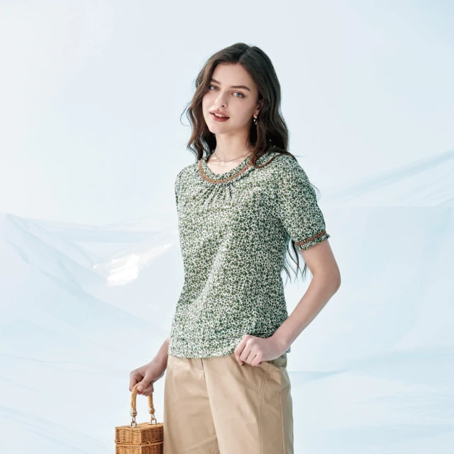 蜜雪兒MySHEROS-純棉小V領格紋拼接菱格紋半排扣上衣-綠-1310-31660-60 歷史價格詳細信息