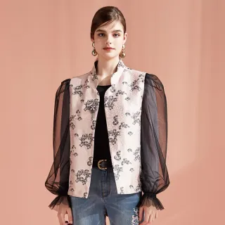 蜜雪兒MySHEROS-立領印花微透膚雙層荷葉袖雪紡上衣-黑-1310-11663-20 歷史價格詳細信息