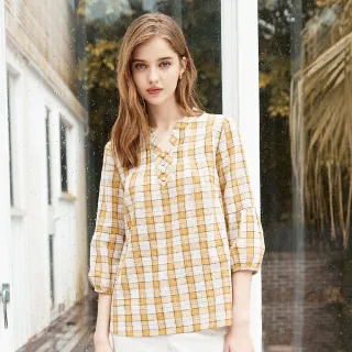 蜜雪兒MySHEROS-純棉小V領格紋拼接菱格紋半排扣上衣-綠-1310-31660-60 歷史價格詳細信息