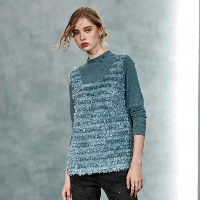 蜜雪兒 圓領拼接鑲亮鑽微彈性羊毛針織衫 紫藍 MySHEROS 官方直營店 1410-24281-75 歷史價格詳細信息