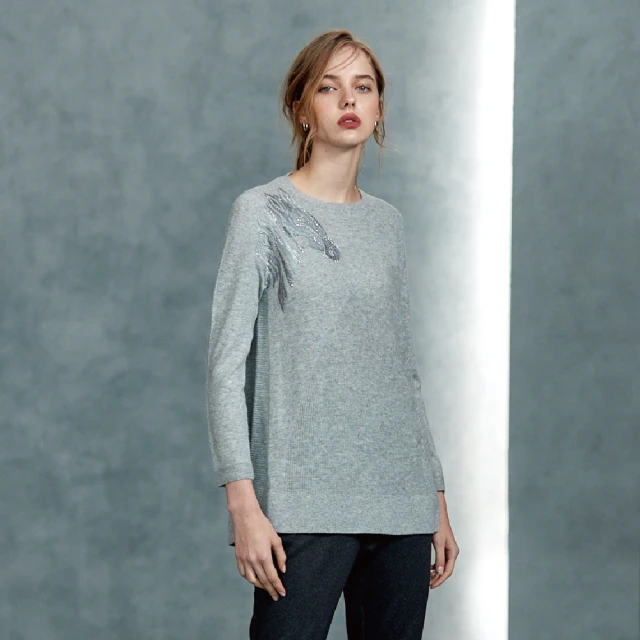 蜜雪兒 羊毛鑲亮鑽圓領顯瘦針織衫 灰MySHEROS 官方直營店 2410-24273-21 歷史價格詳細信息
