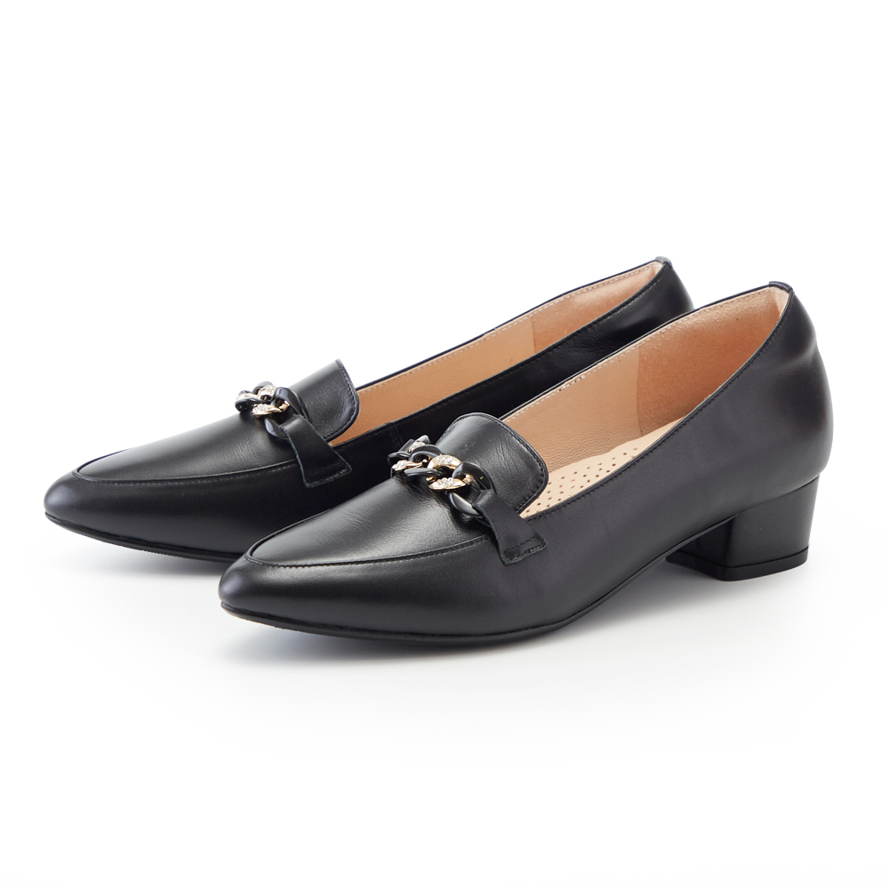 MAGY 牛皮異材質鑽鍊尖頭粗低跟鞋 黑色 歷史價格詳細信息