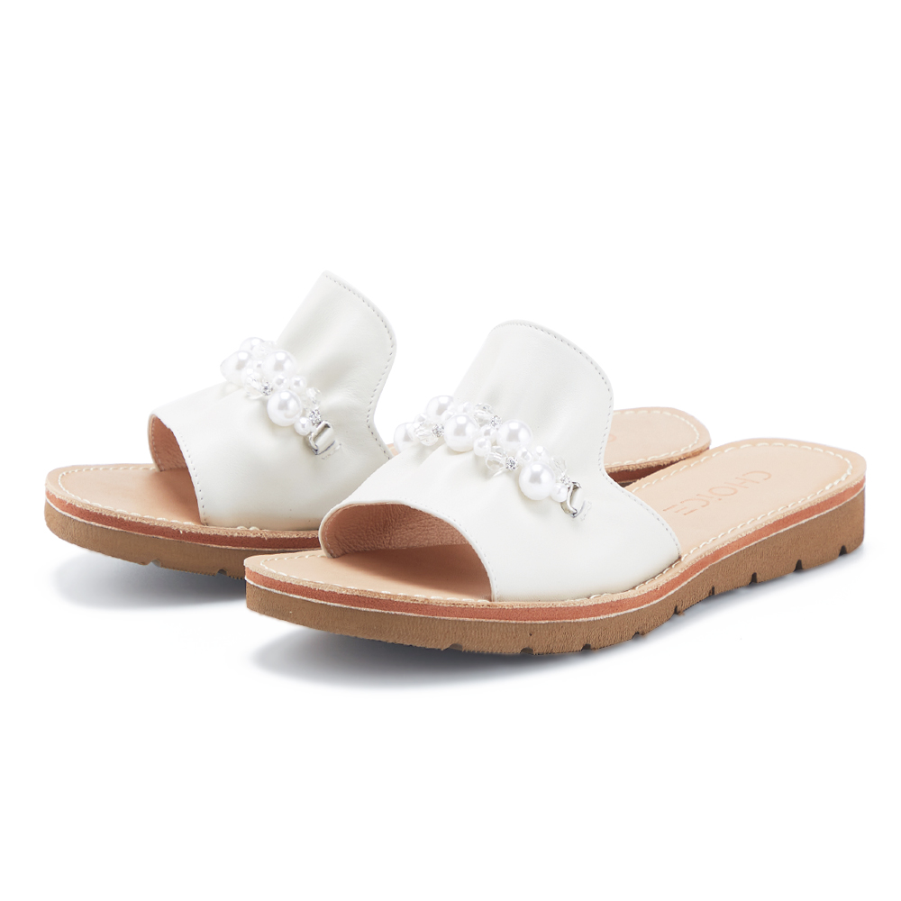 CHOiCE 真皮鑽飾棋盤格免綁帶厚底休閒鞋 米白 歷史價格詳細信息