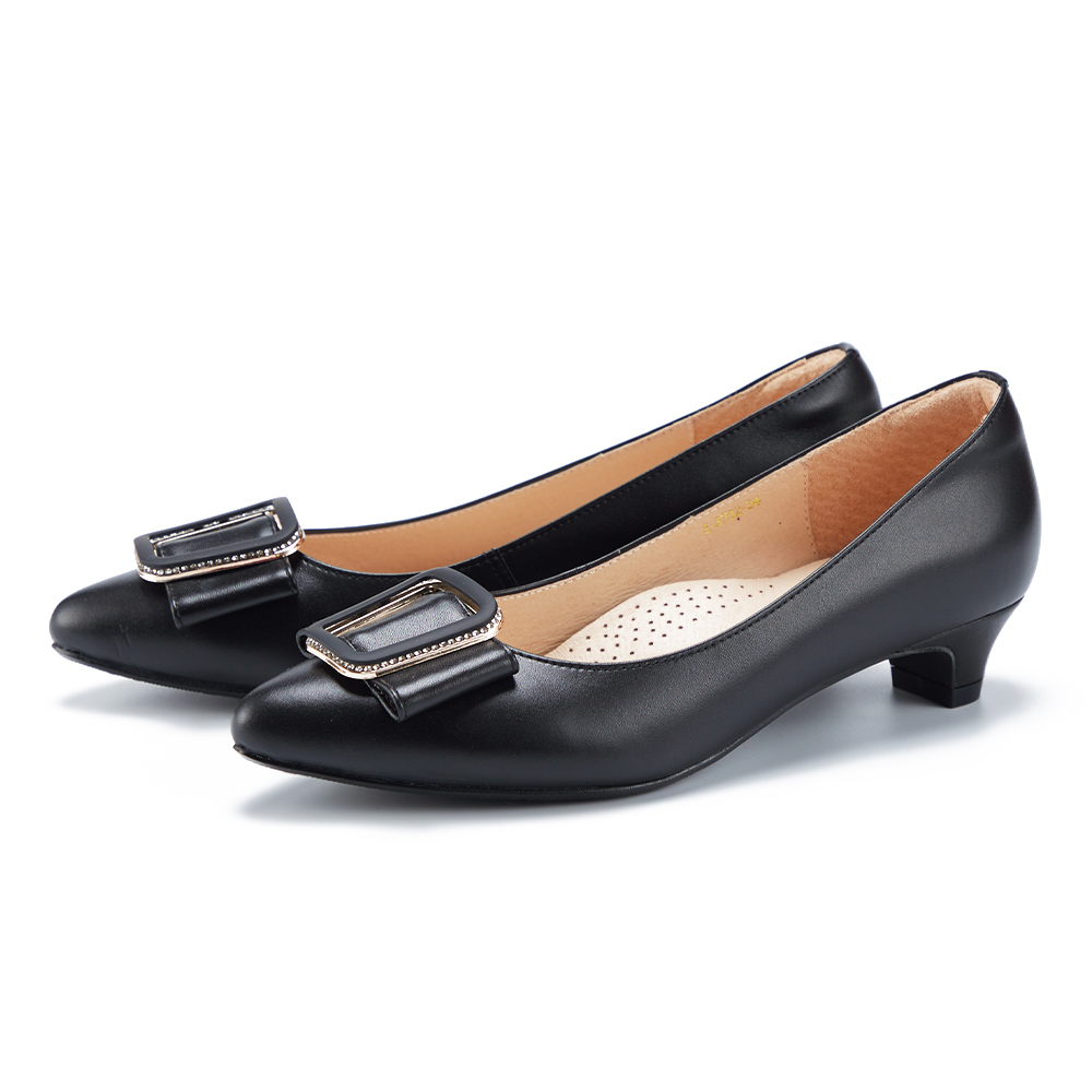 MAGY 牛皮異材質鑽鍊尖頭粗低跟鞋 黑色 歷史價格詳細信息