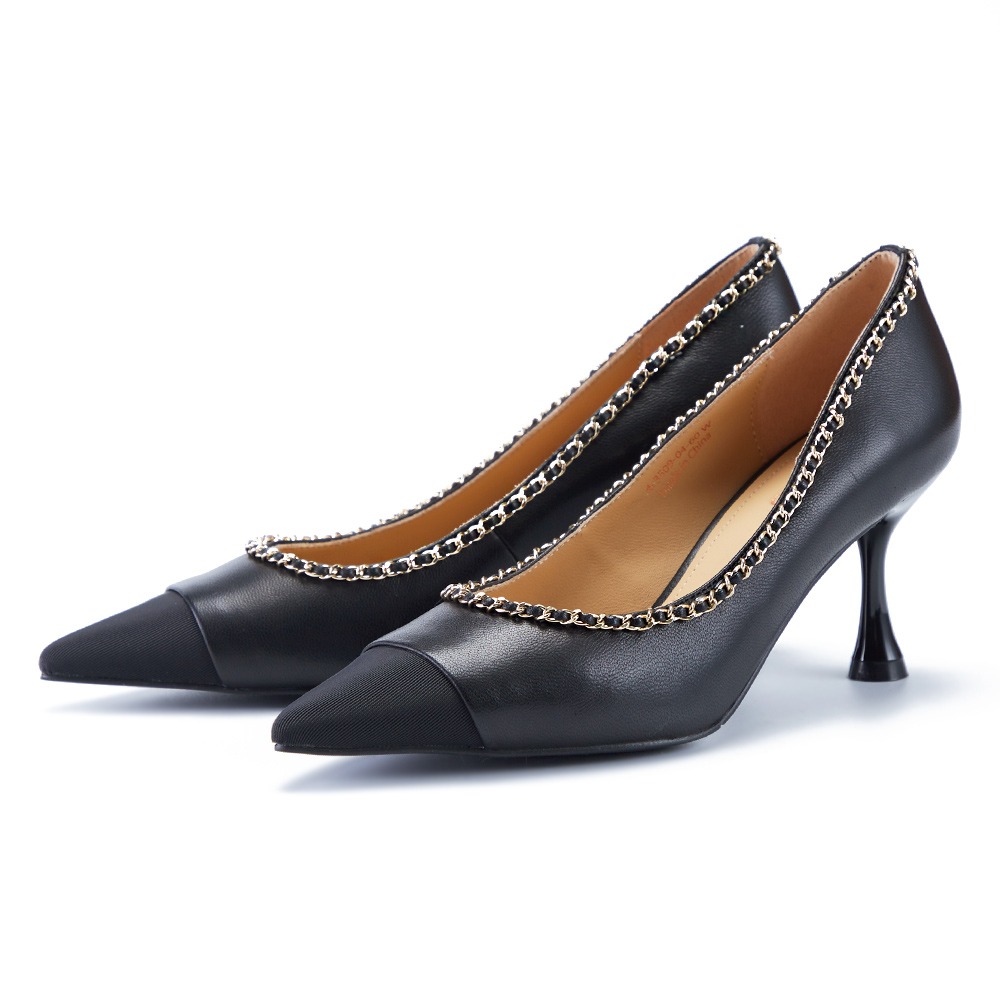 TAS異材質拼接金屬鍊尖頭高跟鞋-質感卡其 歷史價格詳細信息