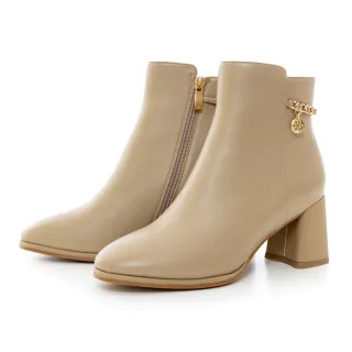 MAGY 金屬V型釦環真皮粗跟 女 短靴 淺可可 歷史價格詳細信息