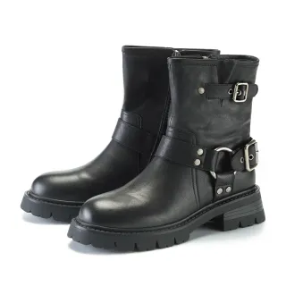TAS環扣帶拼接車線中跟長靴-個性黑 歷史價格詳細信息