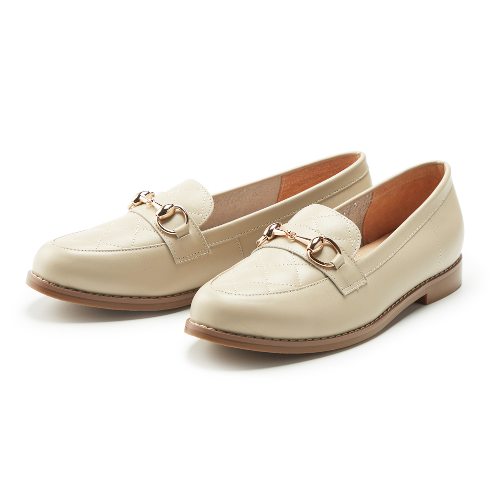ORIN 真皮馬銜釦尖頭平底樂福鞋 米白 歷史價格詳細信息