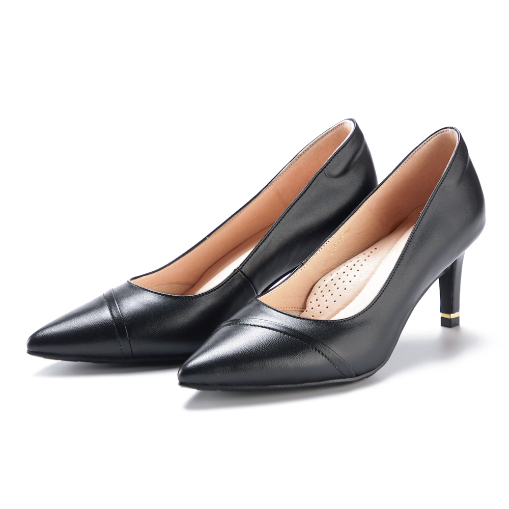 ORIN 素面金屬跟尖頭牛皮低跟鞋 黑色 歷史價格詳細信息