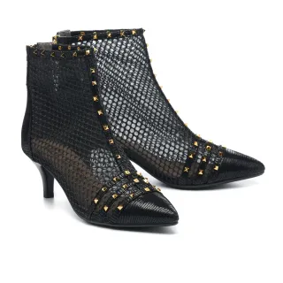 【MELROSE】時髦摩登鉚釘網紗拼接羊皮尖頭高跟短靴(黑) 價格比較,價格查詢,歷史價格詳細信息
