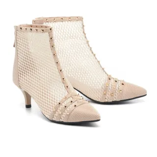 【MELROSE】時髦摩登鉚釘網紗拼接羊皮尖頭高跟短靴(黑) 歷史價格詳細信息