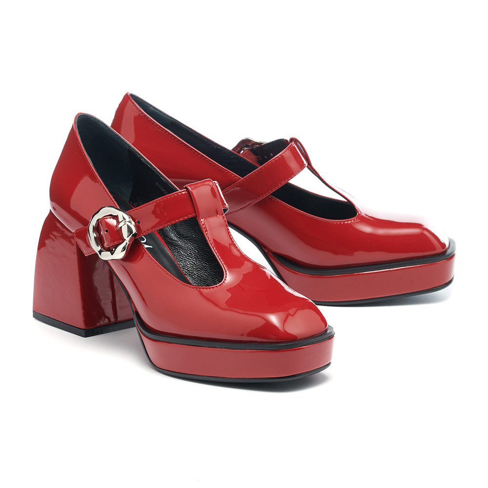 MISS 21  瑪莉珍 大方頭 高跟鞋 雙繫帶 漆皮 牛皮 復古風 跳色－黑 歷史價格詳細信息