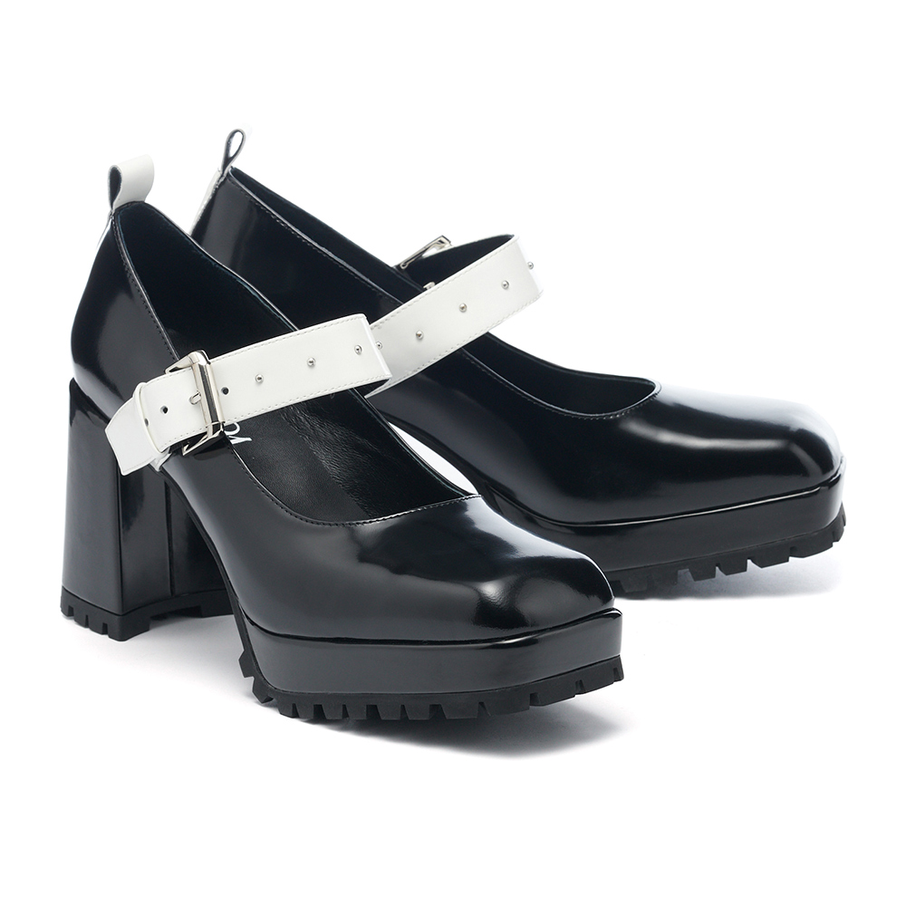 MISS 21  瑪莉珍 大方頭 高跟鞋 雙繫帶 漆皮 牛皮 復古風 跳色－黑 歷史價格詳細信息