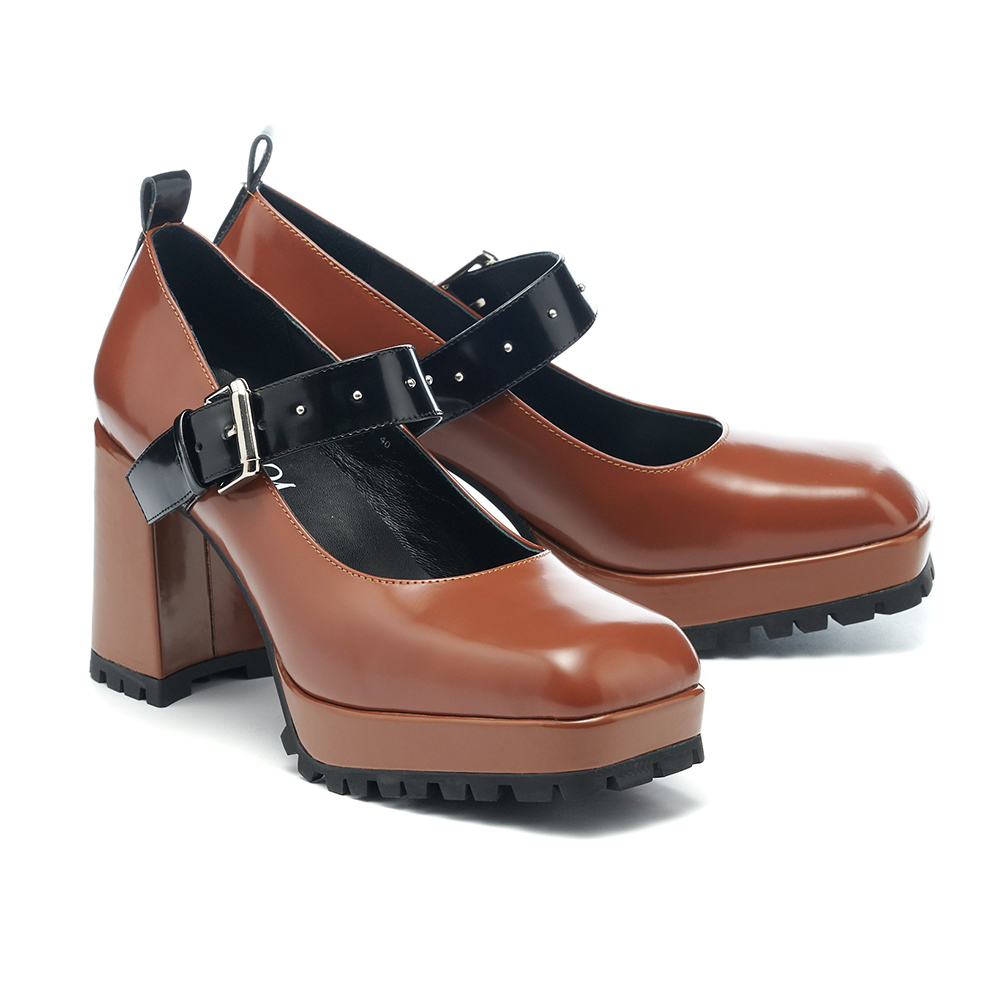 MISS 21  瑪莉珍 大方頭 高跟鞋 雙繫帶 漆皮 牛皮 復古風 跳色－黑 歷史價格詳細信息